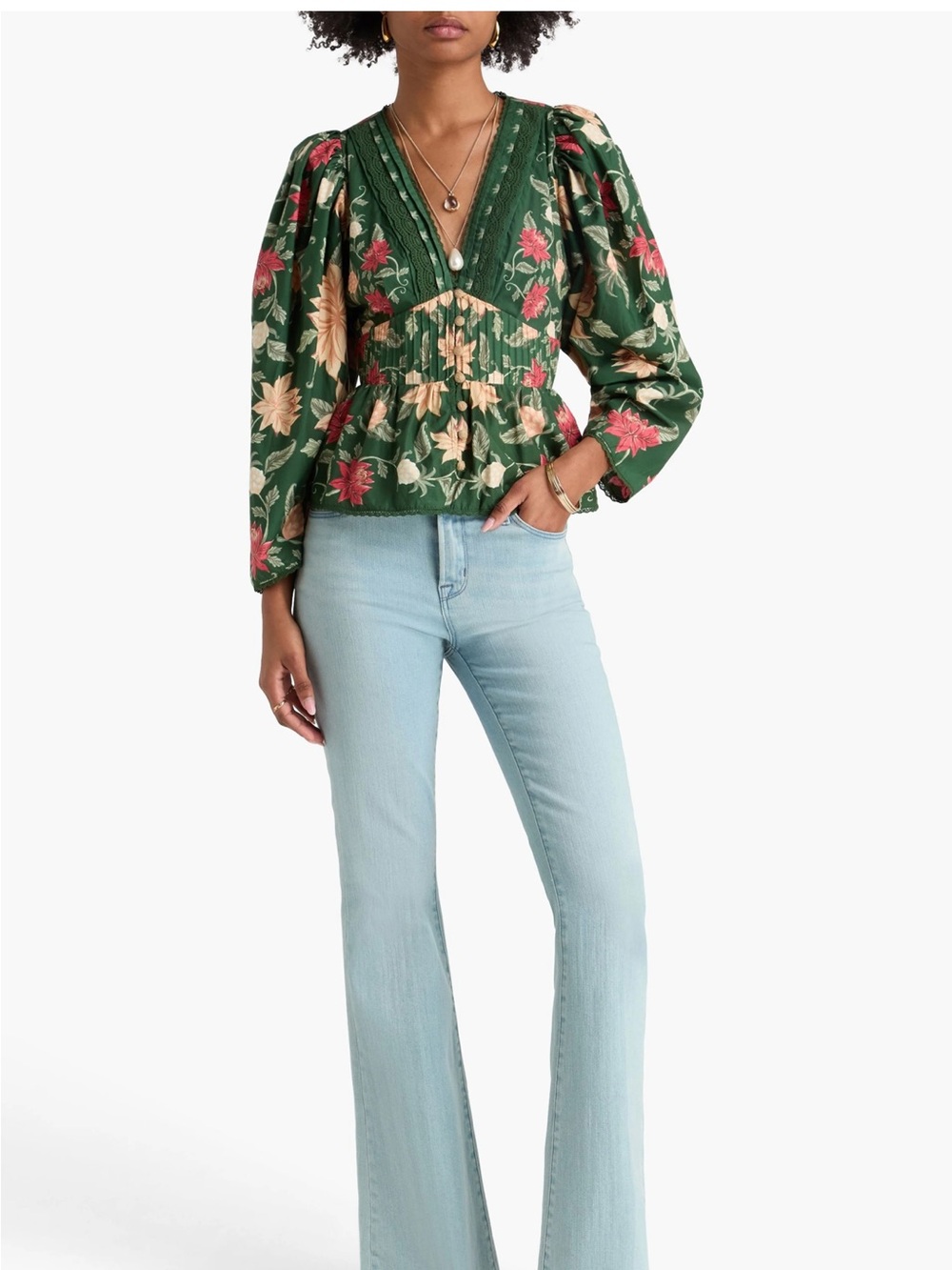 FARM Rio Green Floral Peplum Blouse with Pink and Cream Flowers - Picture 2 of 10